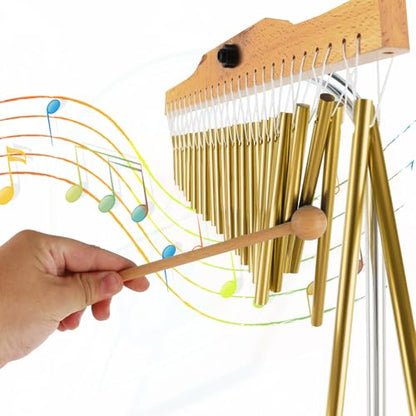 EASTROCK 25 Note Chimes Musical Instruments Percussion Instrument Single-row Chime Bar Chimes Percussion Height-Adjustable Stand Gold - color: 25note Gold