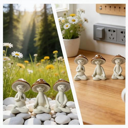 Ceramic Mushroom Yoga Figurines Set, Meditation Decor for Home, 3-Piece Mushroom Figurines in Yoga Poses, Whimsical Zen Decor for Shelf, Desk, Yoga Room