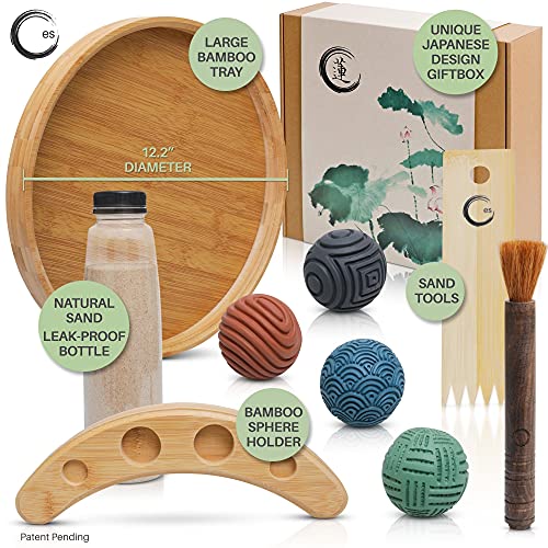 Japanese Zen Garden Kit for Desk – 12” Bamboo Sand Garden Zen Décor | Meditation Gift | Sensory Therapy Tool for Mindfulness & Emotional Wellness - style: Ren Zen Garden & Accessories