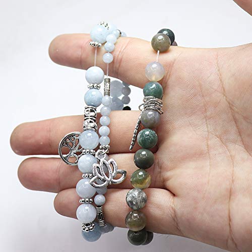 Tree of Life Yoga Healing Stone Bracelets,Multilayer Lotus Chakra Stone Reiki Bracelet Sets,Anxiety Crystal Natural Stone,for Women Stress Relief - style: Aquamarine + Indian Agate