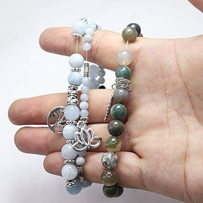 Tree of Life Yoga Healing Stone Bracelets,Multilayer Lotus Chakra Stone Reiki Bracelet Sets,Anxiety Crystal Natural Stone,for Women Stress Relief - style: Aquamarine + Indian Agate