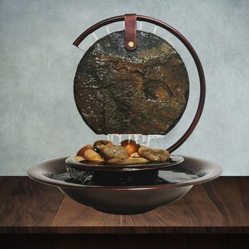 Indoor Tabletop Waterfall Moon Fountain, Home Décor Soothing Rain Sound Meditation Relaxing Fountains, Nature Slate Water Feature with Light for Room Office Desktop Decoration-13 Tall - size: Moon Fountain