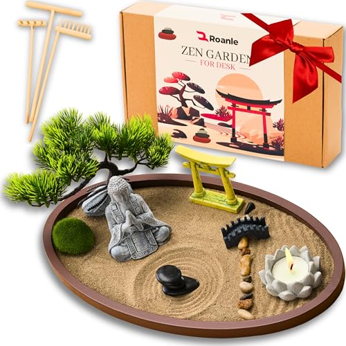 Zen Garden for Desk 13x8in – Japanese Decor with Buddha, Artificial Bonsai Tree, Tools & Accessories – Mini Zen Garden Kit for Office Desk, Home, Meditation Room, Desktop Gift Set