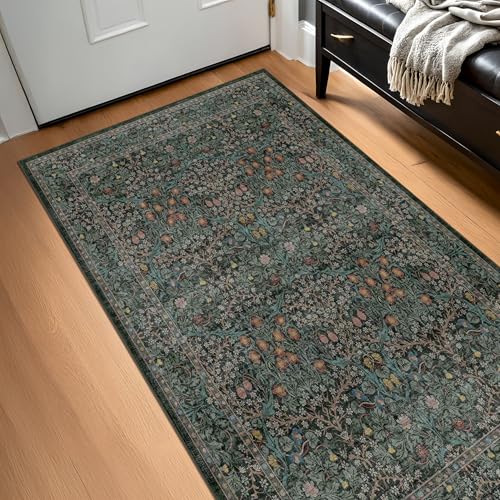Dark Green Washable Entry Rug, 3x4 Rugs for Entryway Kitchen Bathroom Door Mat Indoor Entrance, Non Slip Rubber Backing, Stain & Fade Resistant, Vintage Floral Design - color: Dark Green / Black, size: 3' x 4' (Rectangular)