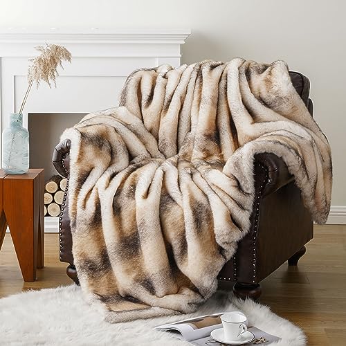 BATTILO HOME Luxury Faux Fur Throw Blanket, Soft Cozy Mink Fur Blanket for Couch, Sofa, Chair, Bed, Thick Warm Fall Fur Throw Blankets, 50"x60" - color: Yellow&grey, size: 50"x60"