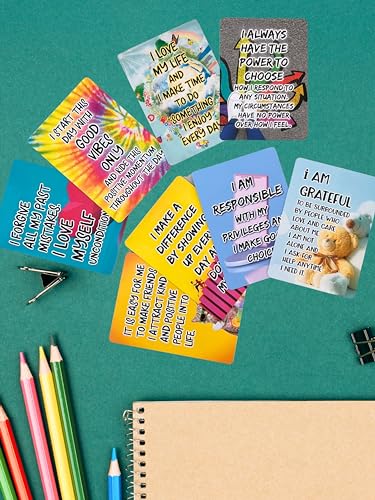 Positive Affirmation Cards for Kids and Teens - 54 Affirmations, 150+ Inspirational Questions with Storage Box - Inspire confidence and Positive attitude - Self Care Kit & Mindfulness Gift