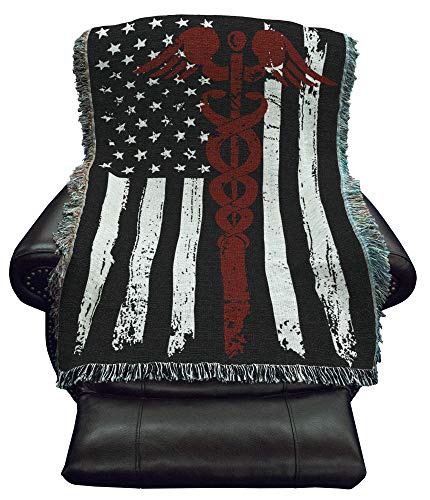 Pure Country Weavers Medical Professional - Caduceus Red Thin Line American Flag Blanket - Gift Tapestry Throw for Back of Couch or Sofa - Woven from Cotton - Made in the USA (61x36) - color: Caduceus Red Thin Line Flag, size: 61" x 36"