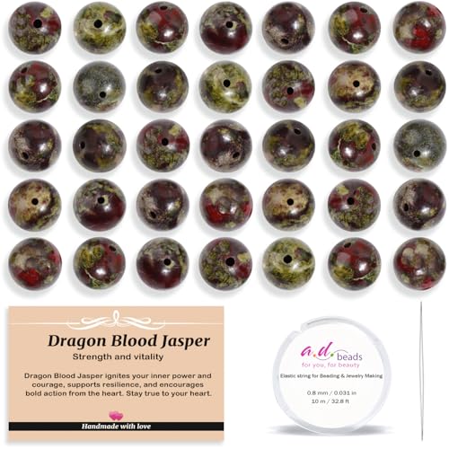 AD Beads 100pcs 10mm Natural Bloodstone Round Beads, Healing Energy Gemstone DIY Jewelry Kit with Elastic Cord and Needle - color: Bloodstone, size: 10mm-100pcs