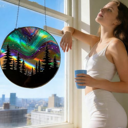 Aurora Forest Stained Glass Suncatcher – Northern Lights Window Hanging, Handmade Round Sun Catcher for Bedroom, Meditation Room, Nature Lover Gift & Winter Home Decor