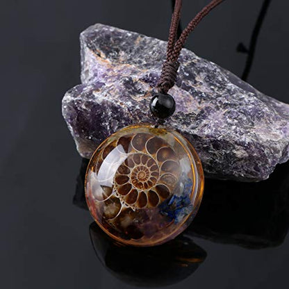 Jovivi 7 Chakra Gemstone Reki Healing Crystal Necklace Round Circle Shape Ammonite Fossil Resin Chip Stones Pendant Necklace for Women Men Life Tree Jewelry Christmas Gifts - color: Ammonite Fossil - 7 Chakra