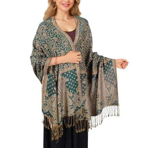 MUQU Women Pashmina Shawls and Wraps Scarf Soft Silky Reversible Paisley Scarves Shawl for Women - color: Green+orange