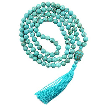 LIUANAN 108 Mala Beads 8mm Natural Bracelet Healing Gemstone Yoga Meditation Hand Knotted Mala Prayer Bead Necklace - color: Natural Turquoise