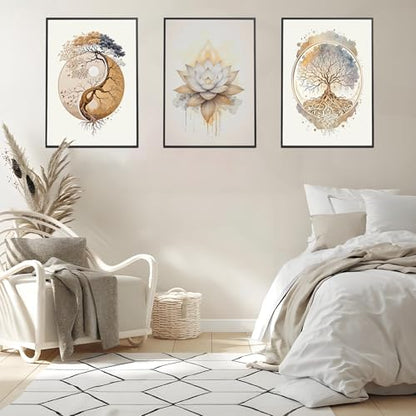 3PCS Tree of Life Cnavas spiritual Wall Art Boho Sacred Geometry Posters Print Art Lotus Zen Pictures Wall Decor Abstract Yin Yang Fall feng Shui Artwork for Living Room Yoga Room Bedroom Home Decoration16*24 in ( Poster No Frame)