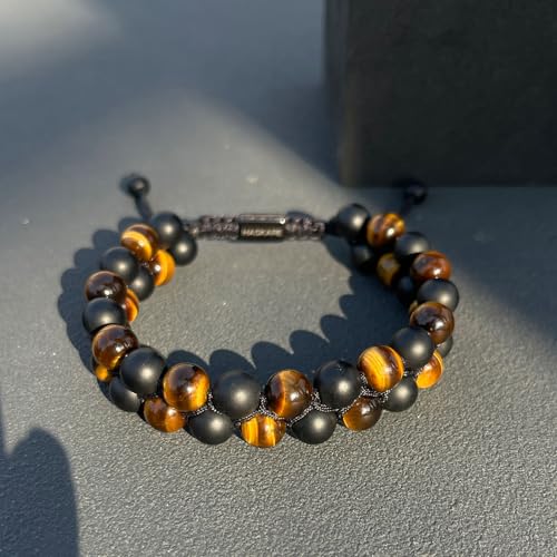 Premium Tiger Eye Bracelet Gift for Men, HASKARE Energy Protection Crystal Real Tigers Eye Black Onyx Beads Bracelets, Handmade Crystal Bracelet Men Bracelets Father Christmas Gift for Him Stress Relief