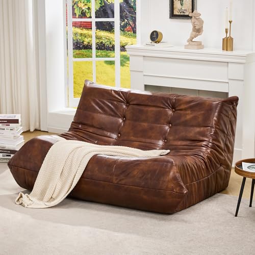 Hobestluk Bean Bag Chair Giant Bean Bag Sofa 2 Seater Bean Bag Chairs for Adults, Loveseat Floor Chair, Leather Bean Bag Chairs for Living Room Bedroom Dorm (Brown, Loveseat) - color: Brown, size: Loveseat