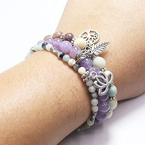 Tree of Life Yoga Healing Stone Bracelets,Multilayer Lotus Chakra Stone Reiki Bracelet Sets,Anxiety Crystal Natural Stone,for Women Stress Relief - style: Amazon stone + Amethyst