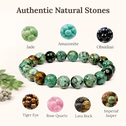 Elm City Direct 8mm Natural Stone Beaded Bracelet – Unisex Crystal Stretch Bracelets for Men & Women, Chakra & Healing Jewelry, Gift-Ready Beaded Bracelets - color: African Turquoise