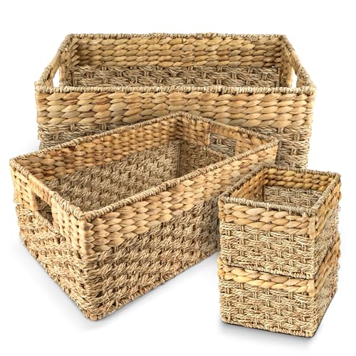 Wicker Basket Set of 4, Natural Seagrass and Hyacinth Nesting Storage Baskets with Handles for Organizing Shelves, Closet, Pantry, Living Room, Decorative Wicker Storage Baskets, 4 Pack - size: Multi-Size - 1 Large, 1 Medium, 2 Small