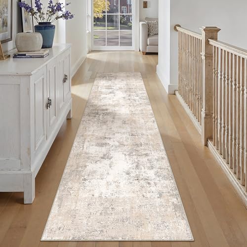 2'6x10 Washable Runner Rug Beige Grey Abstract Non Slip Soft Low Pile Hallway Kitchen Rug Neutral Modern Carpet for Laundry Bathroom Bedroom Living Room Home Decor - color: Beige/Grey, size: 2'6" x 10' (Runner)