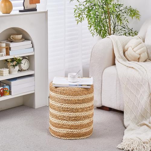 Ottoman Natural Seagrass Foot Rest Stool Hand Weave Round Foot Stool Pouf Boho Vanity Stools with Non-Skid Mat for Living Room Bedroom Hallway - color: Mix White-1