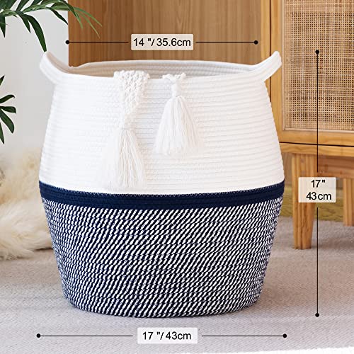 KAKAMAY Woven Baskets for Storage(17"x17"),Large Cotton Rope Basket Woven Baby Laundry Hamper,Collapsible Laundry Basket, Blanket Basket for Living Room,Nursery,Clothes, Toy chest(Navy Blue) - color: Navy Blue