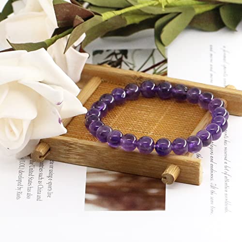 Natural Gemstones Bracelet 8mm Chakra Round Beads Energy Power Crystal Reiki Healing Elastic Stretch 7 Inch for Women Men Unisex - color: Amethyst