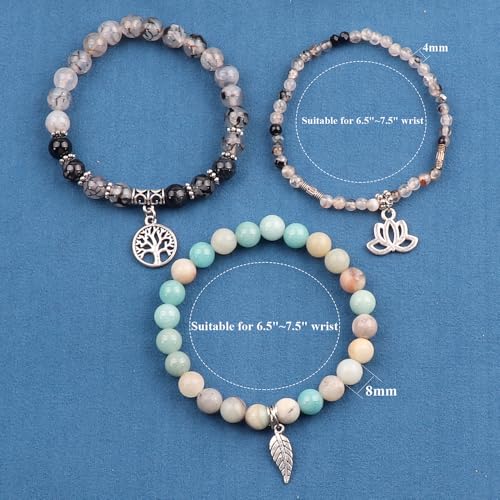 Tree of Life Yoga Healing Stone Bracelets,Multilayer Lotus Chakra Stone Reiki Bracelet Sets,Anxiety Crystal Natural Stone,for Women Stress Relief - style: Black dragon agate + amazonite