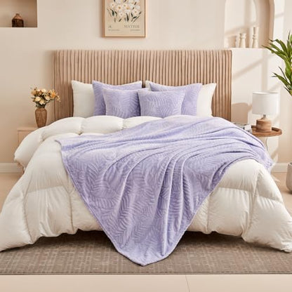 Super Soft Flannel Fleece Throw Blanket, Lightweight Cozy Warm Leaves Textured Plush Blanket for Bed Couch Sofa, 60 x 80 Inches, Lilac - color: Lilac, size: 60x80 IN