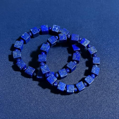Lapis Lazuli Healing Bracelet – Real Crystal Beads for Stress Relief, Meditation & Chakra Balance – Natural Gemstone Jewelry Gift for Women & Men, Adjustable Stretch Fit - style: Cube and Round Beads