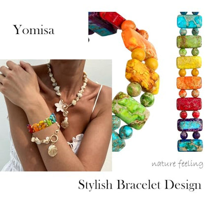 Yomisa Boho Beaded Bracelets for Women,Natural Chakra Turquoise Stone Jasper Bead Bracelet for Womens,Bohemian Handmade Stretch Beads Friendship Bracelets,Healing Trendy Western Jewelry Gifts - color: Chakra