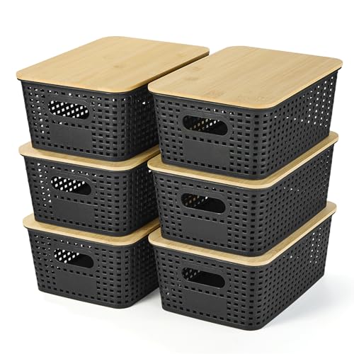 Ohmlove Plastic Storage Baskets With Bamboo Lid - Plastic Storage Containers Stackable Storage bins: Storage Baskets for Organizing Shelves Drawers Desktop Closet Playroom Classroom Office, 6 Pack - color: Black