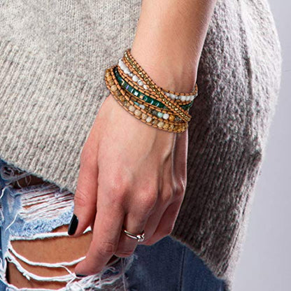 New! Dazzling Handmade Leather Wrap Bracelet Collection - style: 5 Wrap Teal Camel