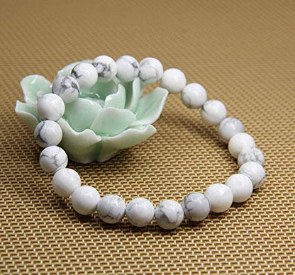 Angelstones Handmade Natural Healing Gemstone 8mm Round Beads Stretch Crystal Bracelet 7 Inch Unisex - color: White Howlite