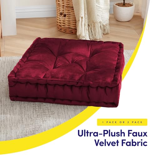Floor Pillow Large Square Tufted Decorative Cushion 20" x 20" Faux Velvet Fabric Ultra Thick Fill for Kids and Adults, 1 Pack, Burgundy Red