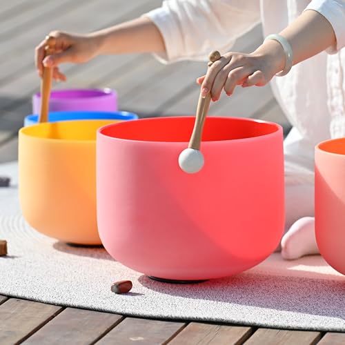 432HZ 6''-12'' Set of 7 Colored Crystal Singing Bowl Set Crystal Sound Healing Frosted Chakra Quartz bowls with 2 Case Bags and Rubber Mallets