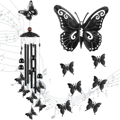 35" Christmas Butterfly Wind Chimes for Outside Garden Decor with 4 Aluminum Tubes and 6 Charming Bells for Patio Porch Yard Decor, Christmas Gifts for Women Mom Grandma(Black)