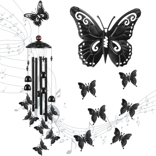 35" Christmas Butterfly Wind Chimes for Outside Garden Decor with 4 Aluminum Tubes and 6 Charming Bells for Patio Porch Yard Decor, Christmas Gifts for Women Mom Grandma(Black)