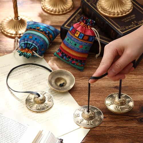 Foilswirl 2 Pcs Tibetan Tingsha Cymbals with 2 Pcs Tibetan Drawstring Cloth Bags Meditation Chime Bells 2.56 Inch Handcrafted Meditation Accessory(Om Mane Padme Hum Symbols Embossed,Blue,Green) - color: Blue,Green, style: Om Mane Padme Hum Symbols Embosse
