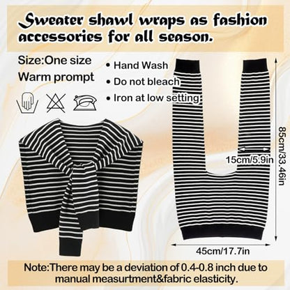 Janmercy 3 Pack Sweater Shawl Wraps for Women Knitted Striped Casual Shawls Knotted Scarves Bulk Cape Shoulder Fashion Wrap - color: Black White Striped