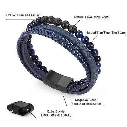 FOCOOG Leather Bead Bracelets for Men, Natural Tiger Eye Lava Rock Stone Bead Magnetic Clasp Adjustable Leather Bracelets Stress Relief Mens Anxiety Bracelet Mens Jewelry Gifts - style: Blue Leather-Blue Tiger Eye&Lava Rock