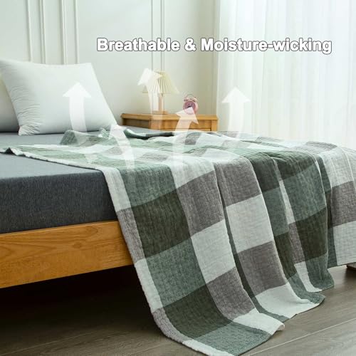 4 Layer Muslin Throw Blanket, 100% Cotton Plaid Checkered Blanket 40"x60", Pre-Washed Soft Breathable Couch & Bed Blanket for Summer Night Sweats - color: Green Checkered, size: 80"x90"