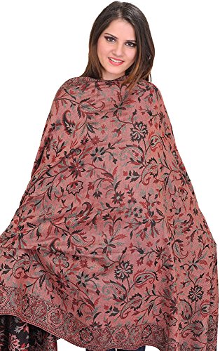 Exotic India Women Reversible Jamawar Wool Shawl with Woven Flowers | Ethnic Beautiful Floral Weave Stole, Dupatta - color: Caviar Black
