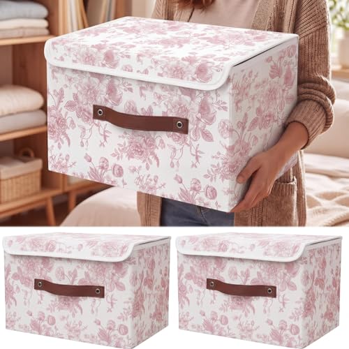 2 Pack Pink Floral Storage Bin with Lids Large Floral Storage Bin with Handles 15x10x10 Inch Foldable Fabric Basket Decorative Organizer Boxes Containers for Clothes Bedroom - color: Pink, size: 15x10x10 Inch