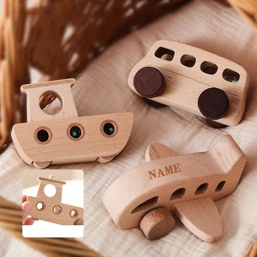Wooden Cars for Toddlers 1-3, Wooden Vehicles Baby Cars Set with Bus, Airplane and Boat, Montessori Rattle Toys with Rolling Beads, Ideal for Boys and Girls