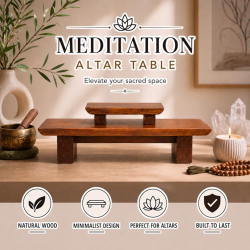 Meditation Altar Table – 21 x 7.5 x 6 Inch Handmade Tiered Puja Shrine - Small Alter Tables for Relaxation, Prayer - Buddha Meditation Alter Made of Strong and Durable Mango Wood