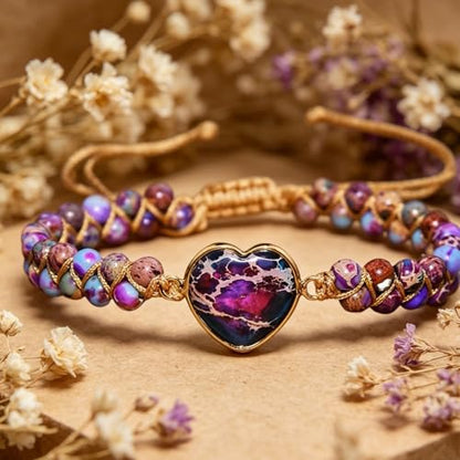 Women Boho Wrap Bracelet,Handmade Natural Stone Crystal Emperor Beads Heart Bracelet, Fashion Bohemian Jewelry Gift for Women - color: Purple Red