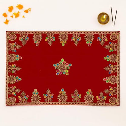 Handcrafted Velvet Puja Chowki Aasan Cloth with Rich Golden Zari Embroidery, Traditional Indian Decorative Pooja Altar Cover for Home Mandir, Temple Décor - 11x18 Inch (Red)