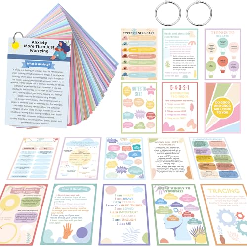 72 Pcs Anxiety Coping Skill Cards Social Anxiety Relief & Self Care Flashcard with Metal Binder Rings Coping Strategy Therapy Cards for Family University and Office(5.9 x 4 Inches)