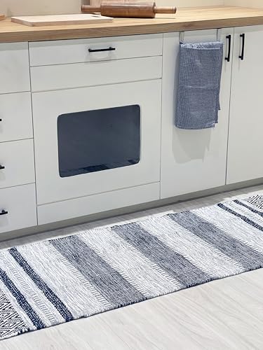 Farmhouse Rug Runner 2x6 feet Grey & Navy | Recycled Cotton Hand Woven Rug, Long Boho Rug | Perfect for Hallways, Kitchens, Bathroom, bedrooms, Meditation Yoga Mat - color: Grey-navy Blue, size: 5' x 6' (Runner)
