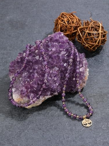 Top Plaza Amethyst Prayer Beads Bracelet Long Beaded Necklace Natural Gemstone 108 Mala Beads Tree Life Yoga Meditation Bracelet Necklace - color: Amethyst